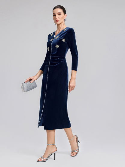 Hand-Beaded Velvet Fitted V-Neck Dress