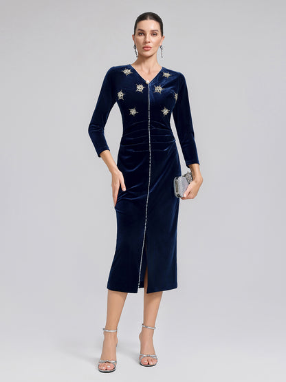 Hand-Beaded Velvet Fitted V-Neck Dress