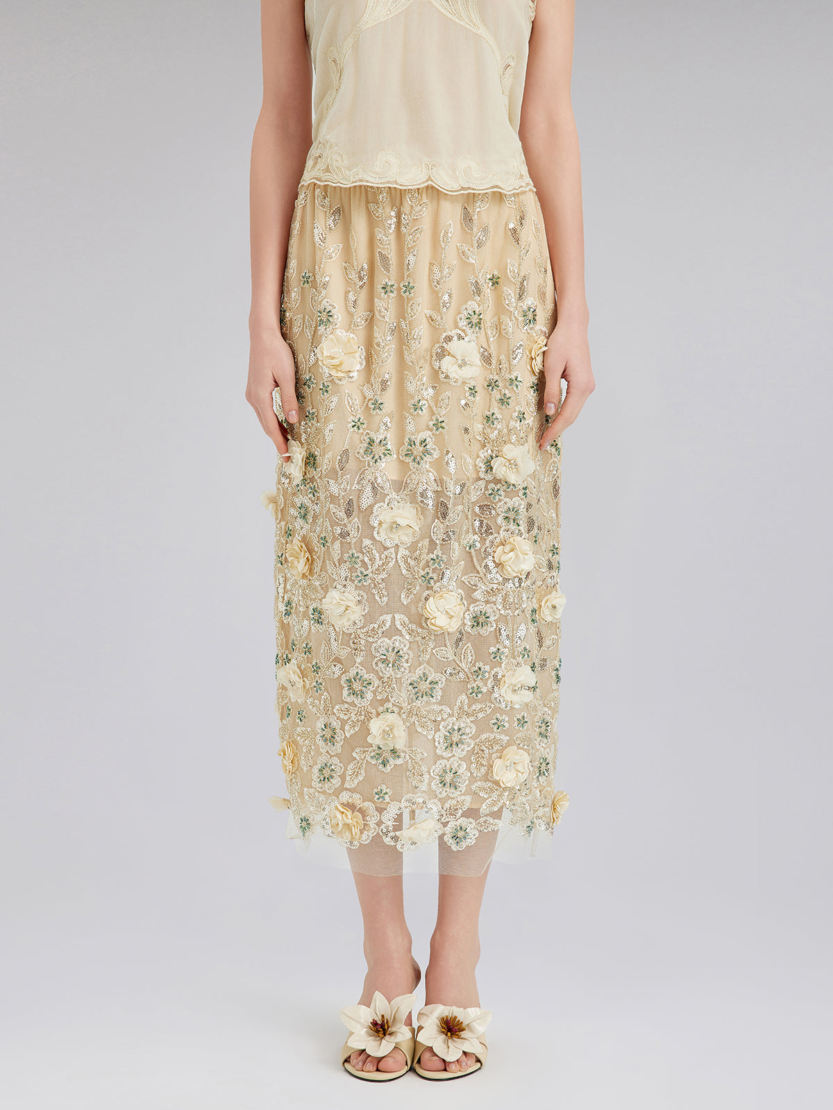 Embellished Floral Sequin Chiffon Skirt