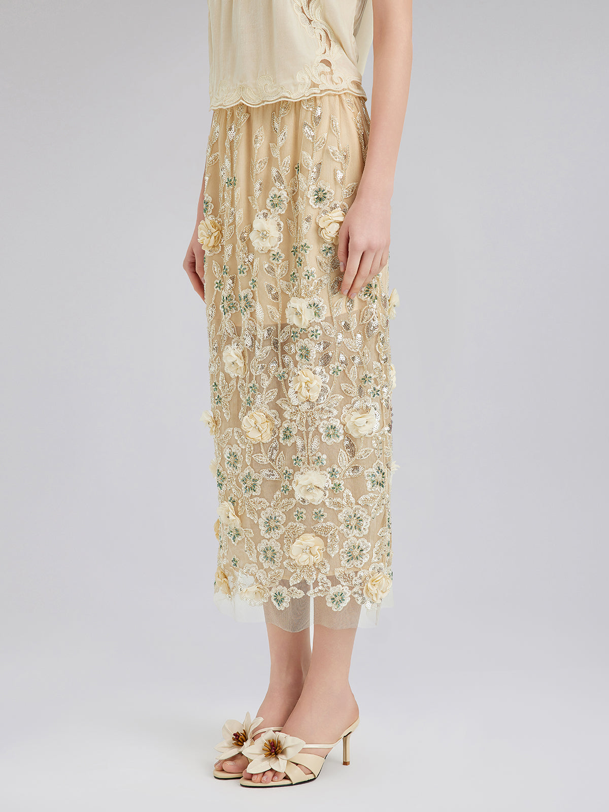 Embellished Floral Sequin Chiffon Skirt
