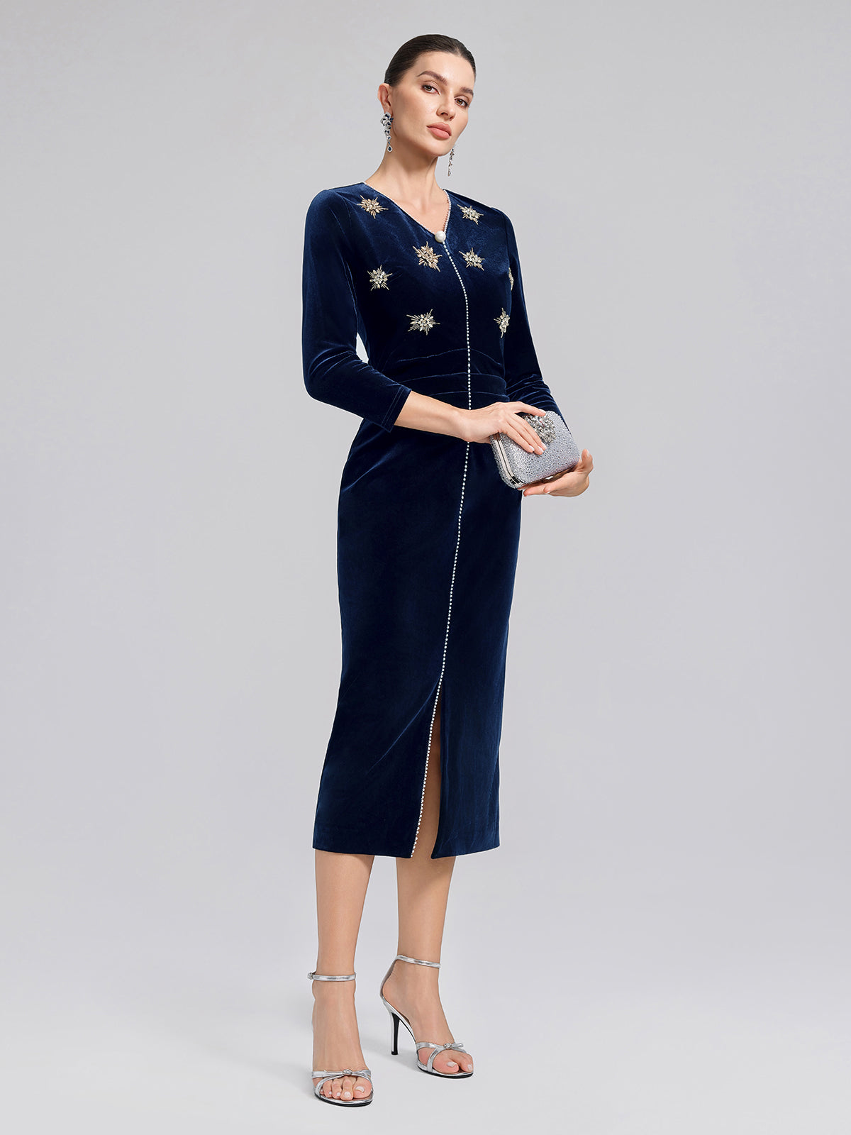 Hand-Beaded Velvet Fitted V-Neck Dress