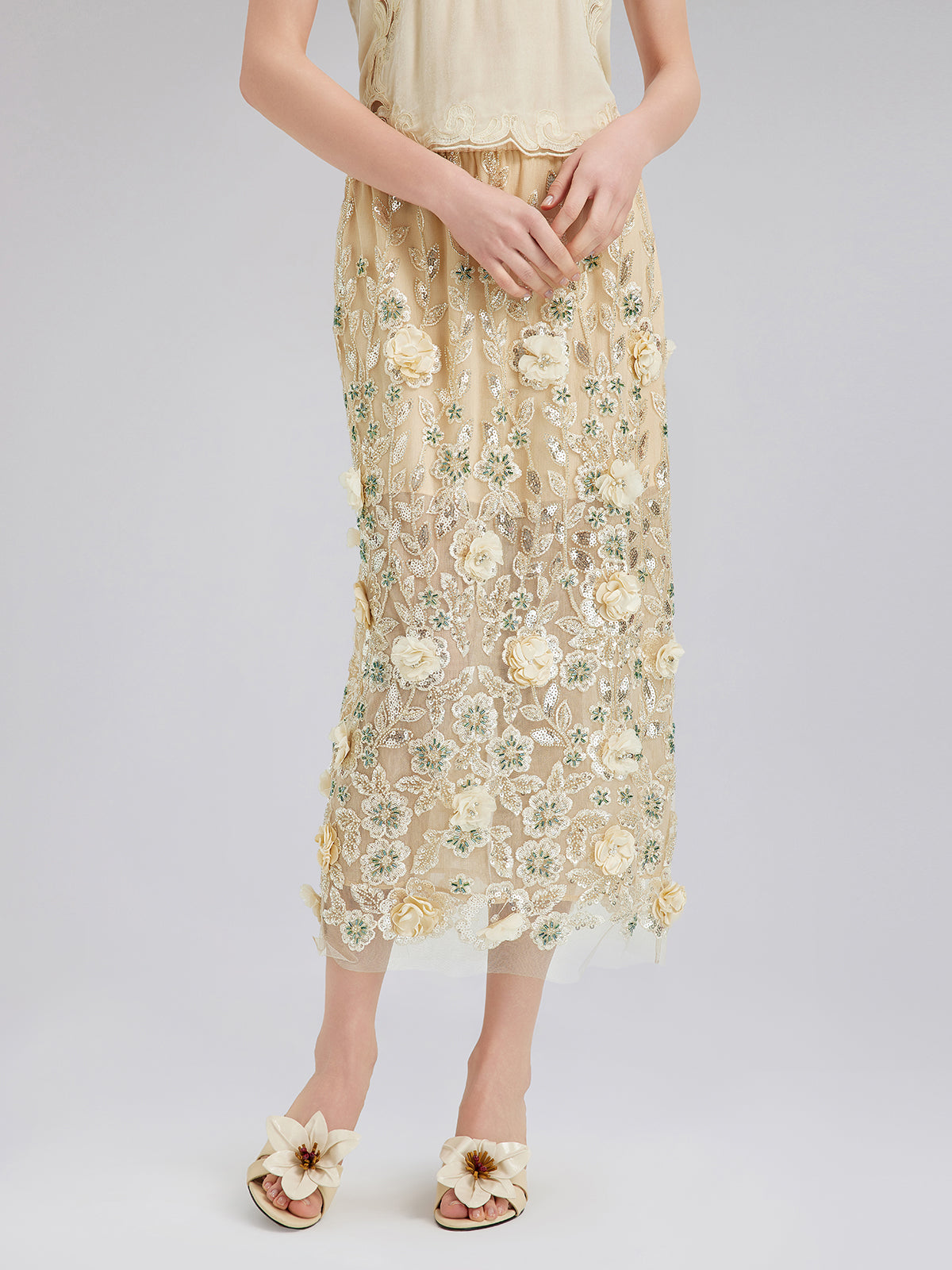 Embellished Floral Sequin Chiffon Skirt