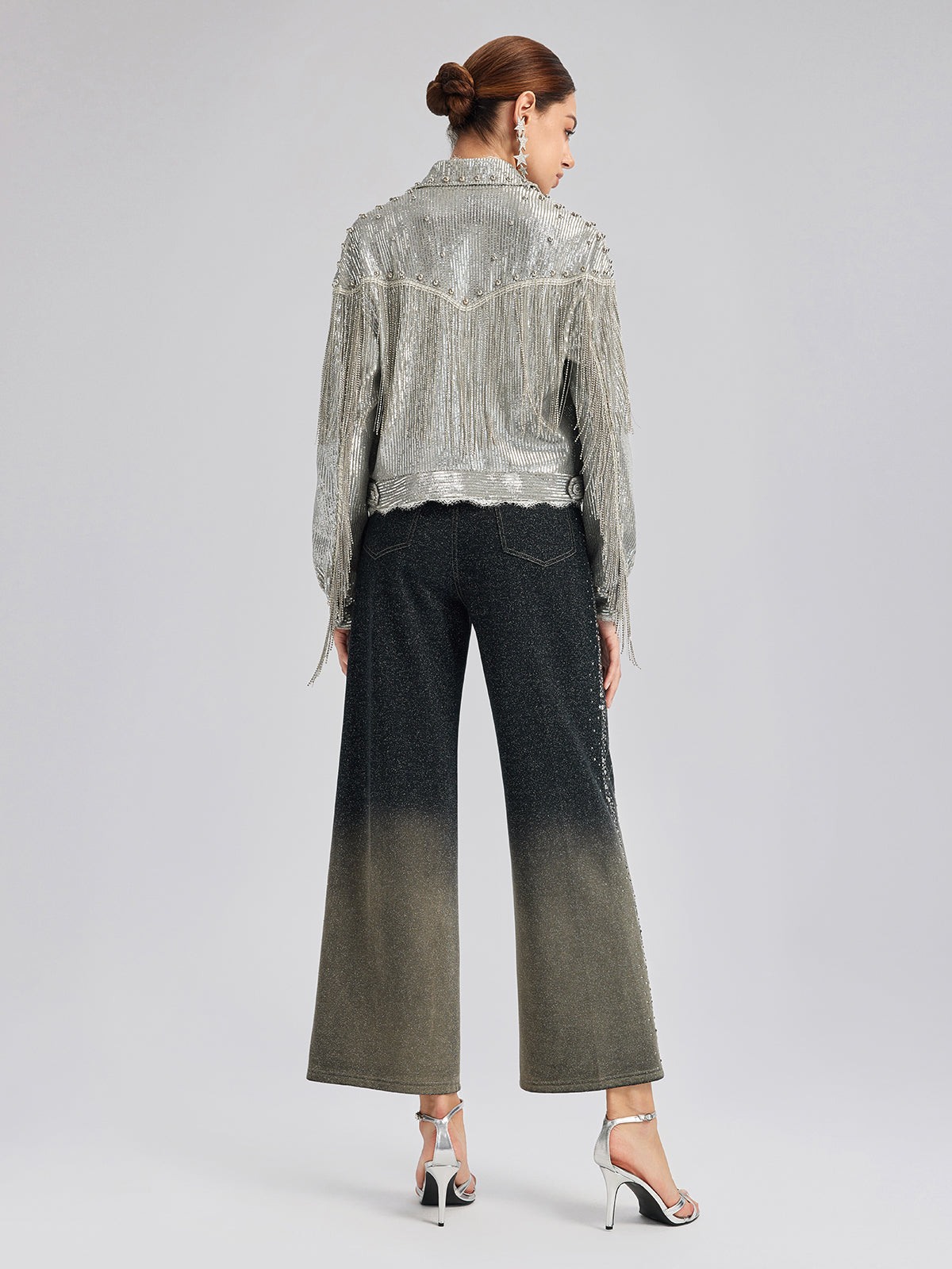 Handcrafted Rhinestone Gradient Knit Straight Pants