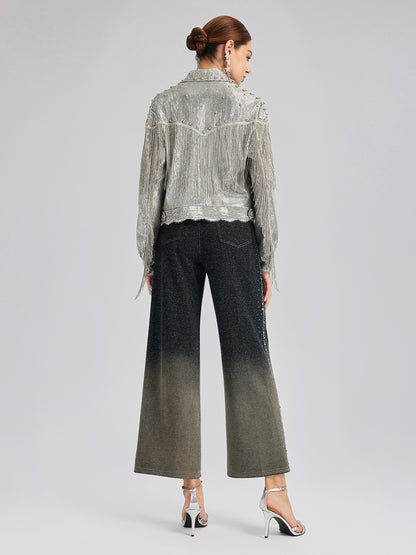 Handcrafted Rhinestone Gradient Knit Straight Pants