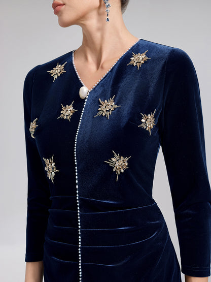 Hand-Beaded Velvet Fitted V-Neck Dress