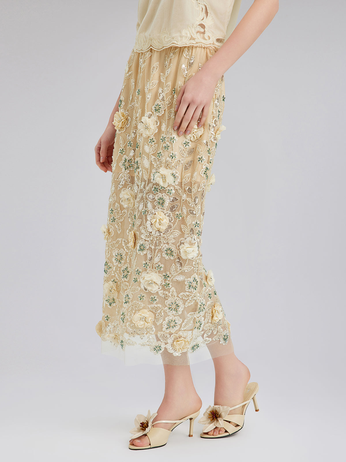 Embellished Floral Sequin Chiffon Skirt