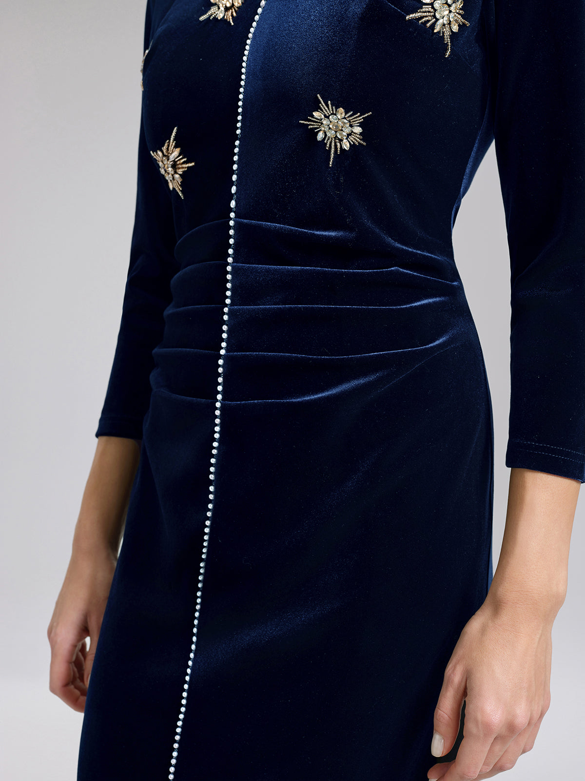 Hand-Beaded Velvet Fitted V-Neck Dress