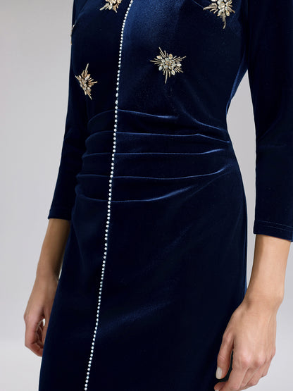 Hand-Beaded Velvet Fitted V-Neck Dress