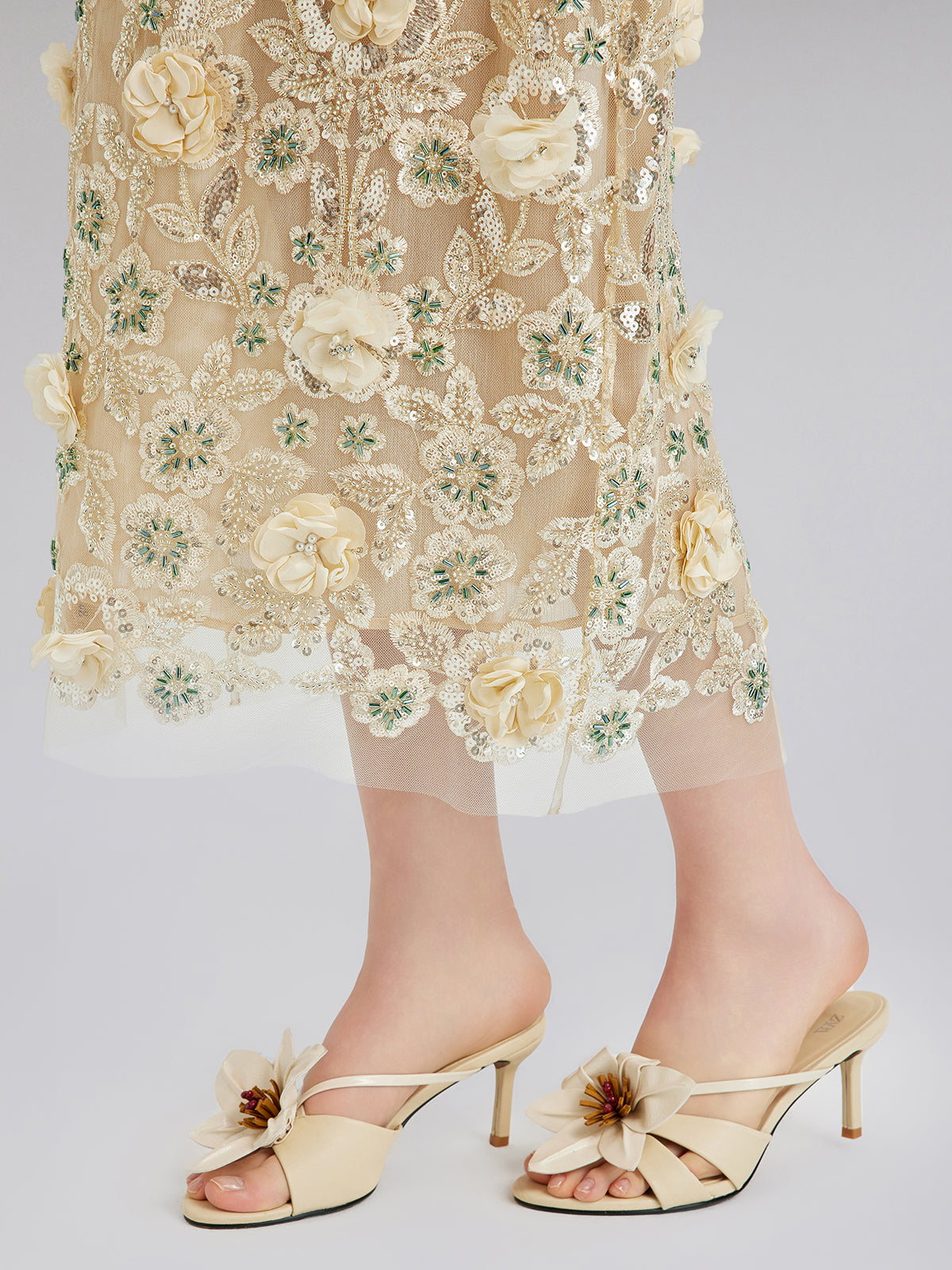 Embellished Floral Sequin Chiffon Skirt