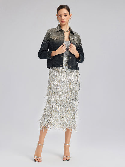 Handcrafted Rhinestone Gradient Knit Jacket