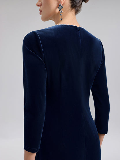 Hand-Beaded Velvet Fitted V-Neck Dress