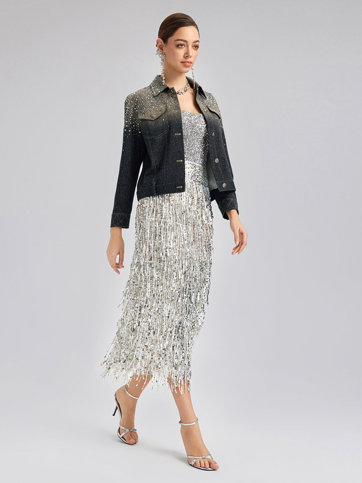 Handcrafted Rhinestone Gradient Knit Jacket