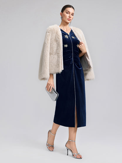 Hand-Beaded Velvet Fitted V-Neck Dress