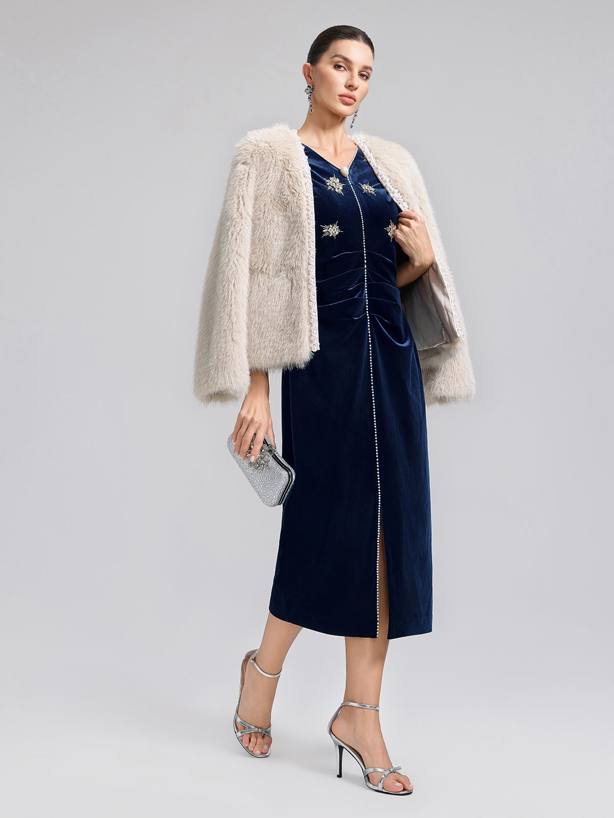 Silver-Tipped Eco Fur Pearl-Beaded Jacket