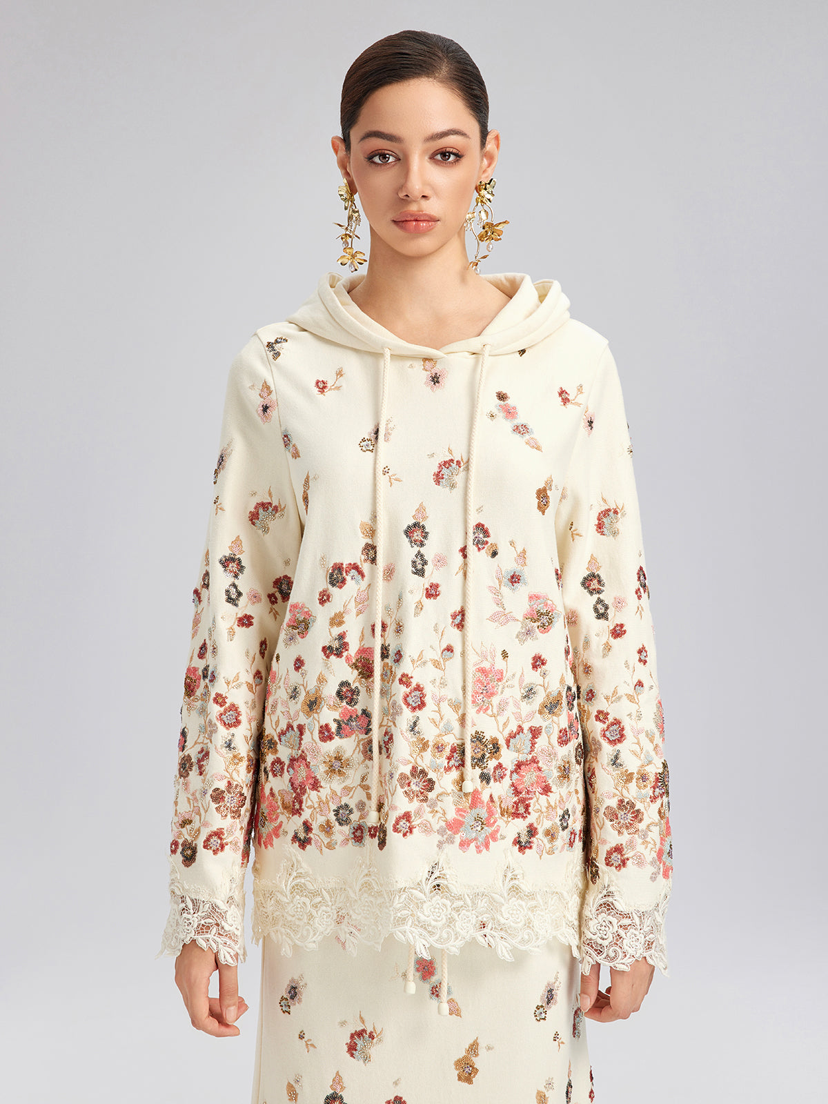Floral Sequin Embroidered Knit Hoodie