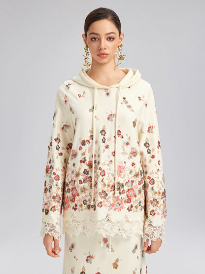 Floral Sequin Embroidered Knit Hoodie