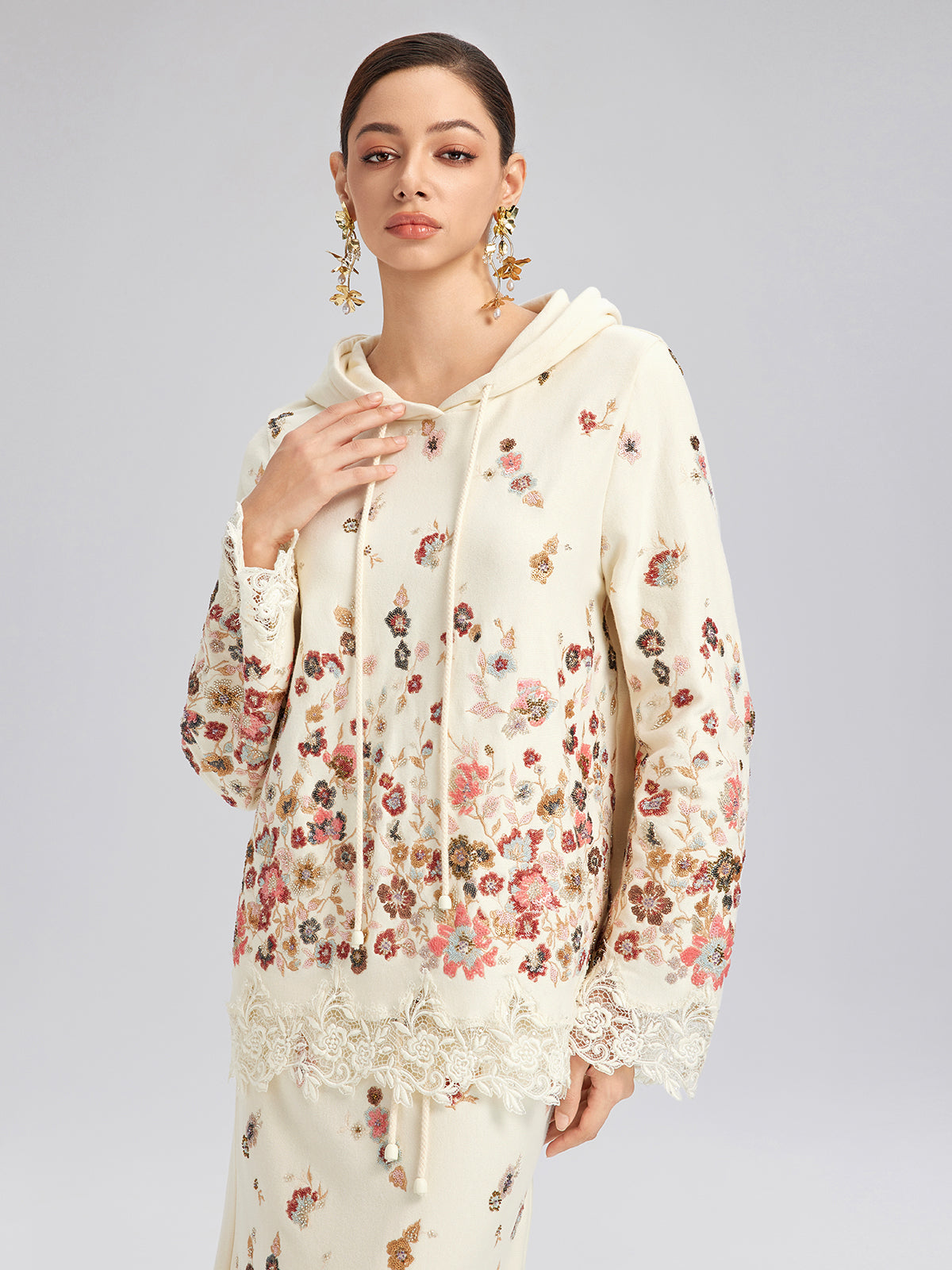 Floral Sequin Embroidered Knit Hoodie