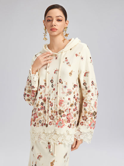 Floral Sequin Embroidered Knit Hoodie