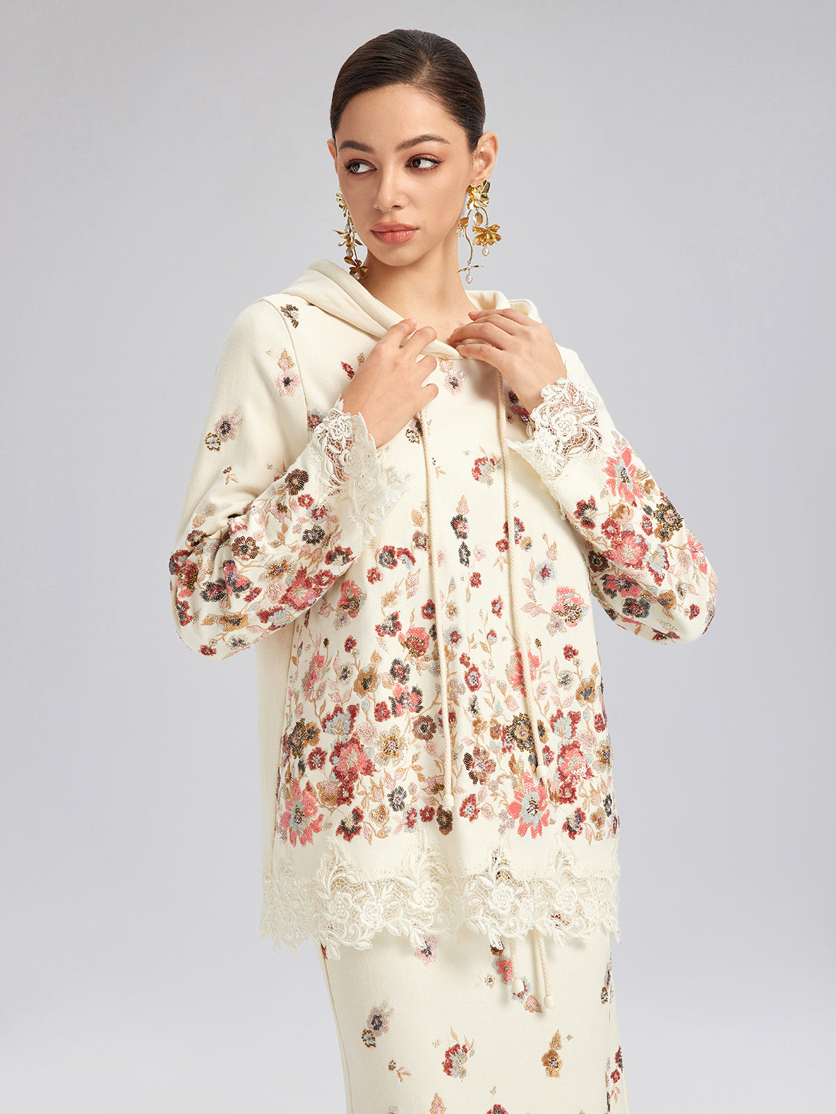 Floral Sequin Embroidered Knit Hoodie
