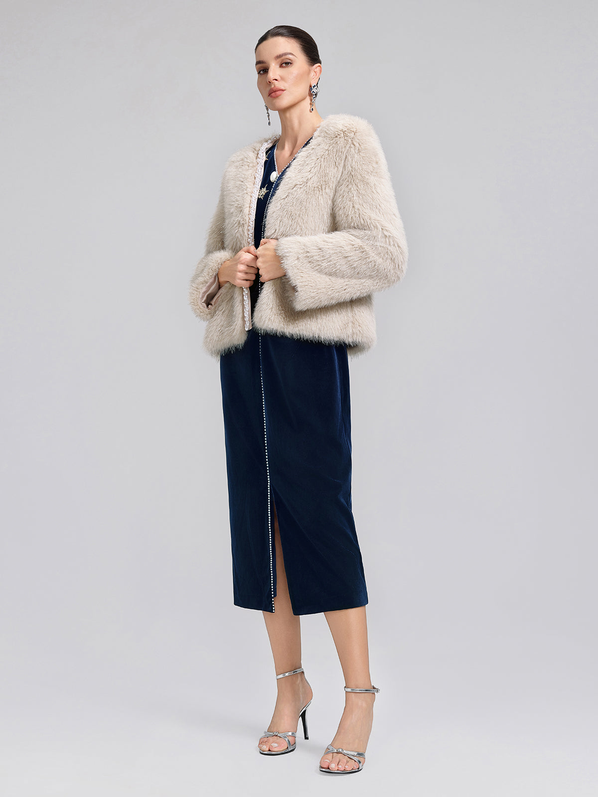 Silver-Tipped Eco Fur Pearl-Beaded Jacket