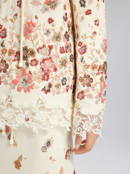 Floral Sequin Embroidered Knit Hoodie