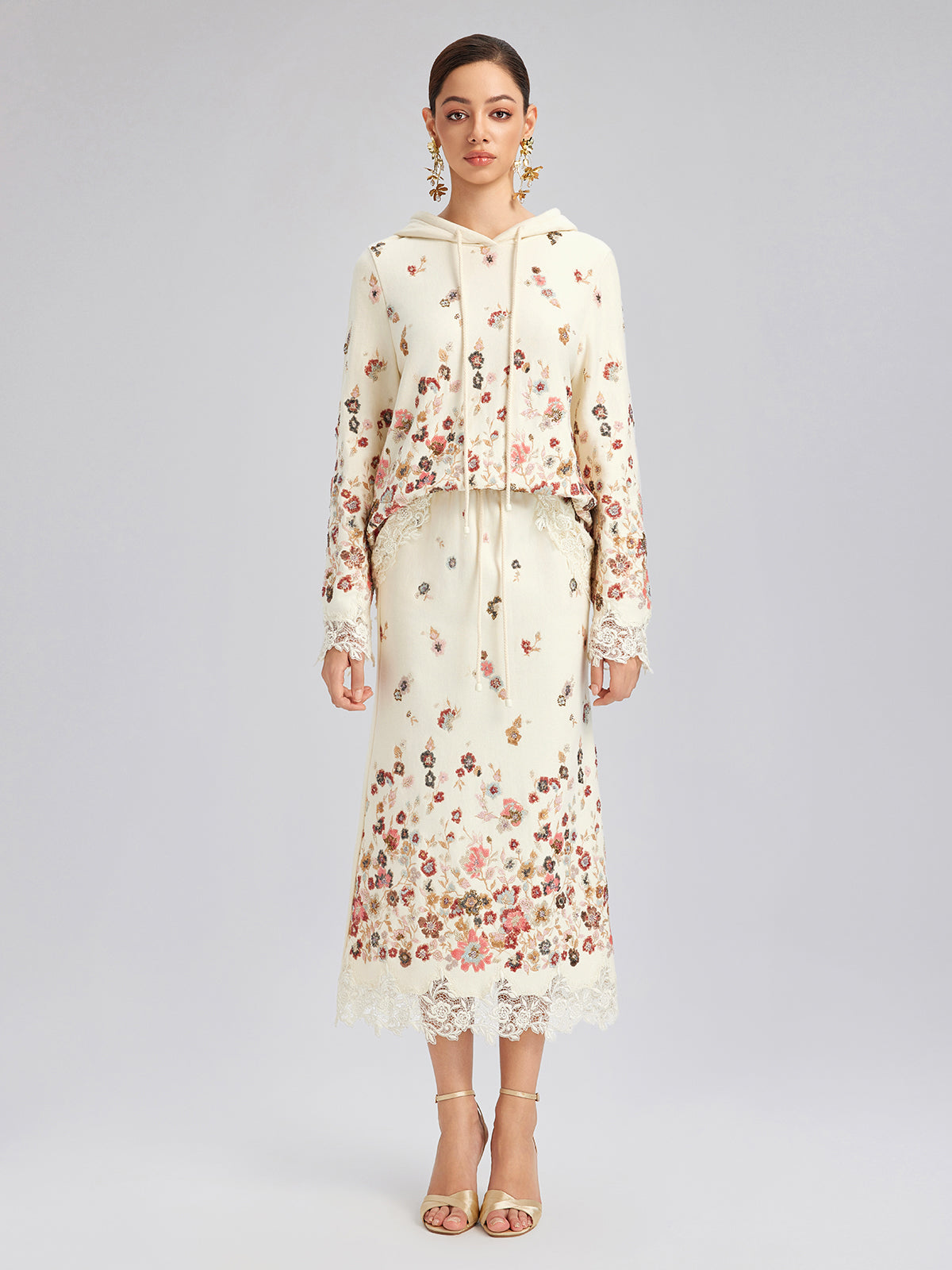 Floral Sequin Embroidered Knit Hoodie