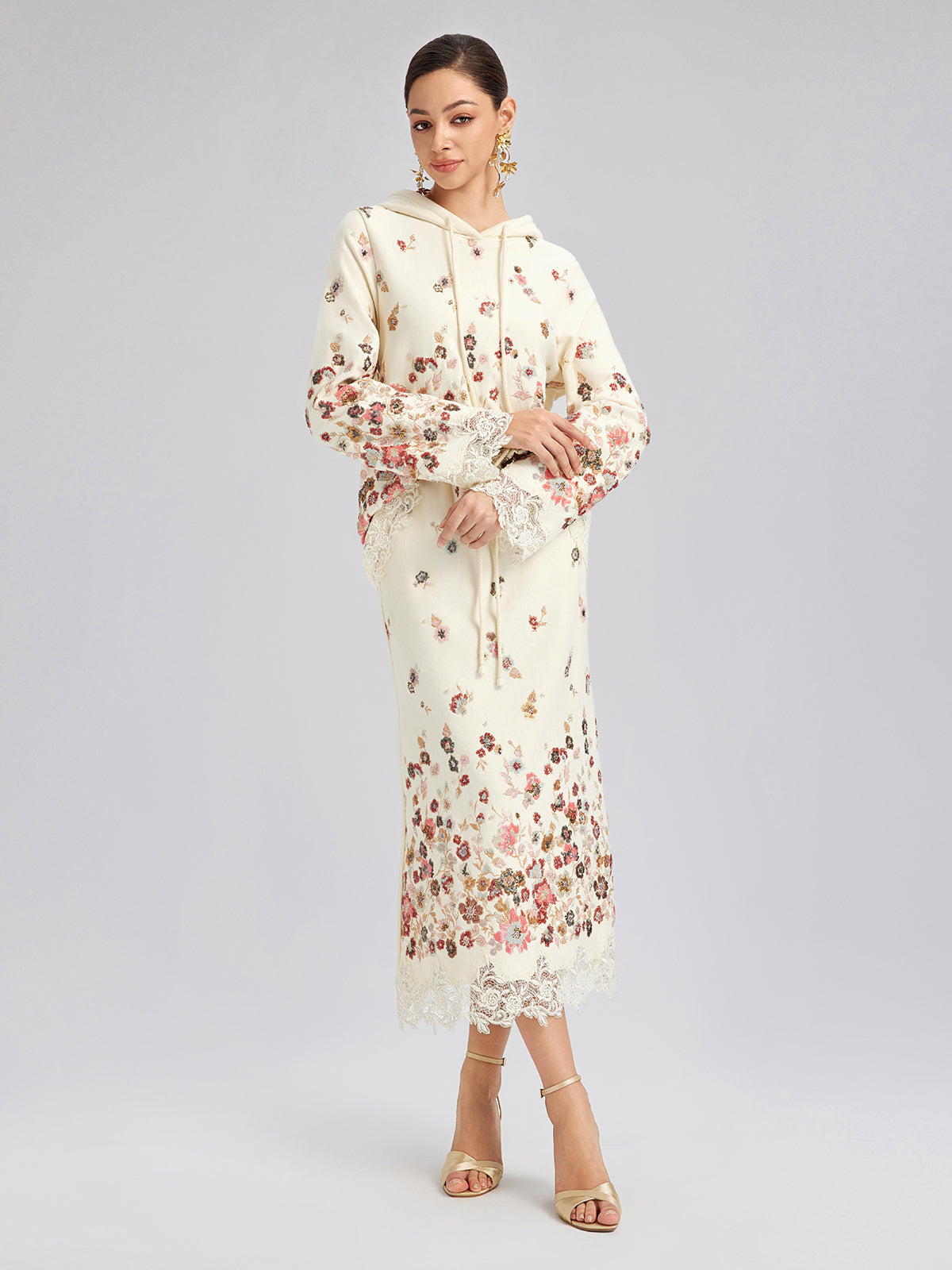 Floral Sequin Embroidered Knit Hoodie