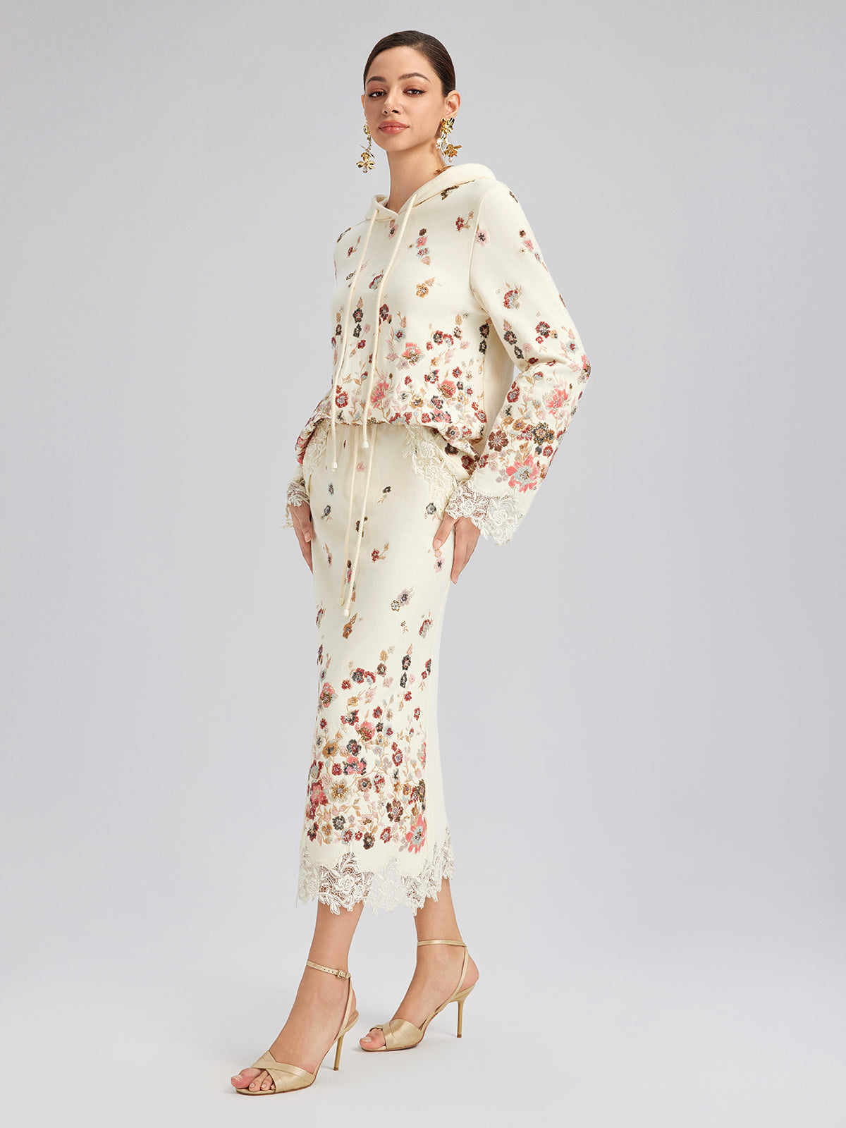 Floral Sequin Embroidered Knit Hoodie