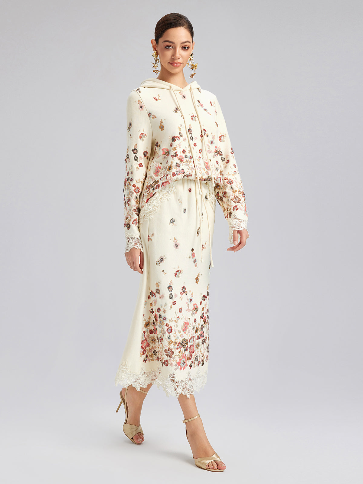 Floral Sequin Embroidered Knit Hoodie