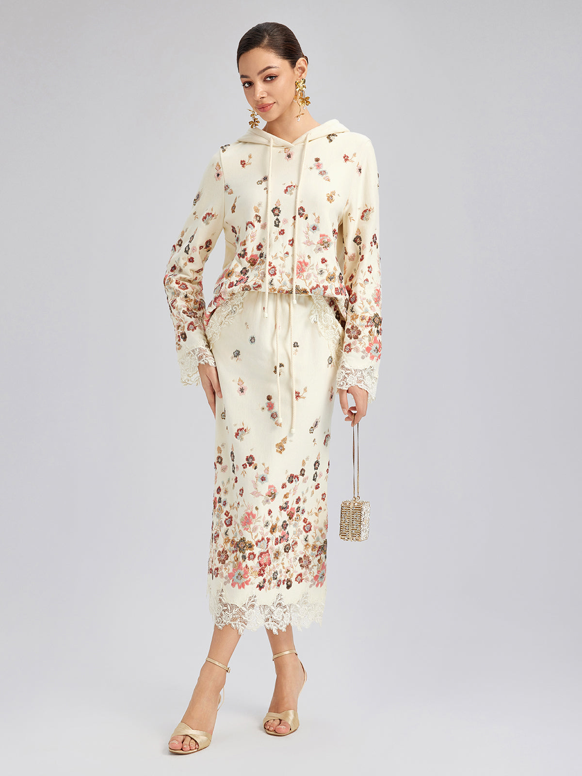 Floral Sequin Embroidered Knit Hoodie