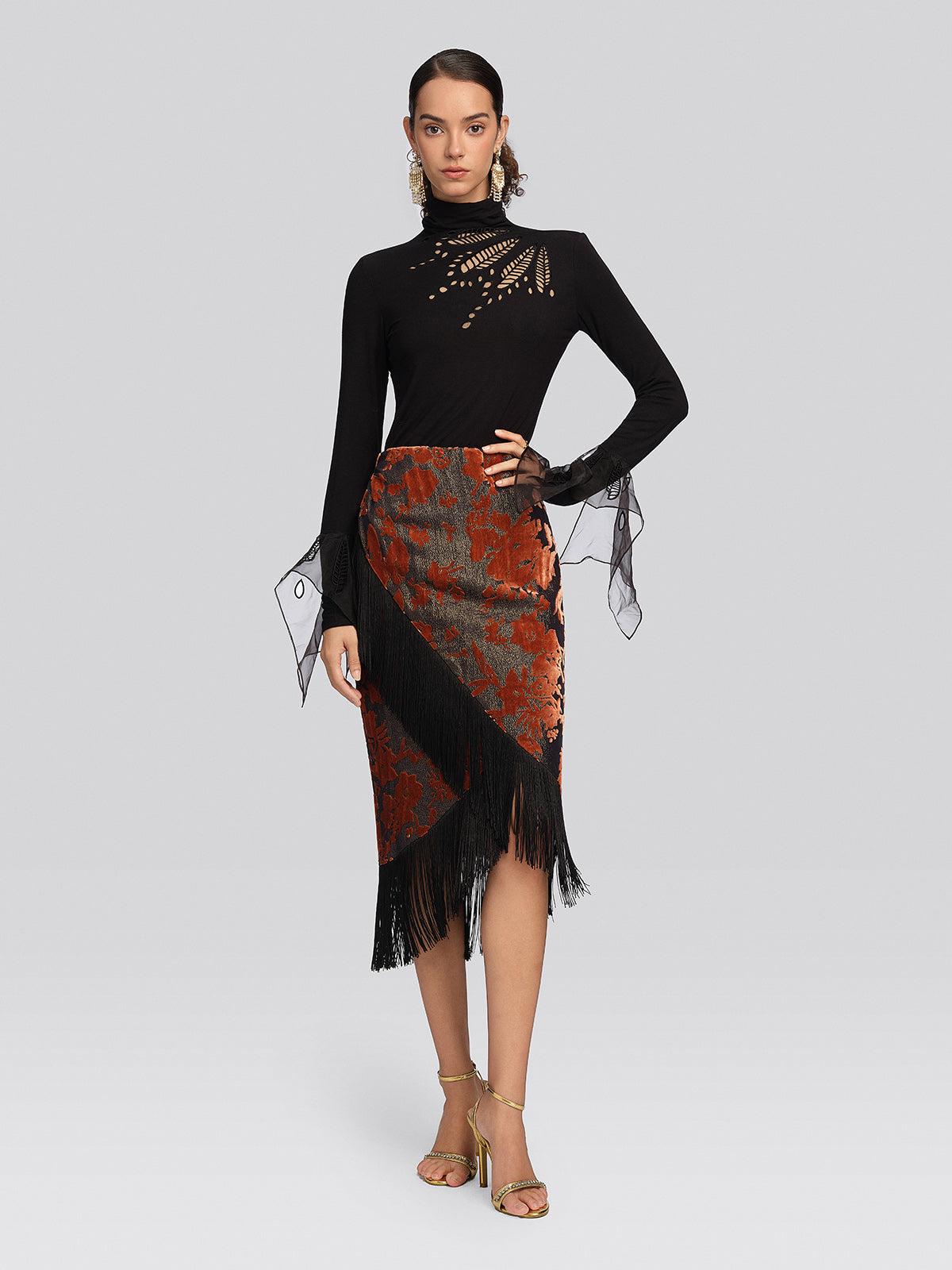 Cutout Stretch Mesh-Dotted Top