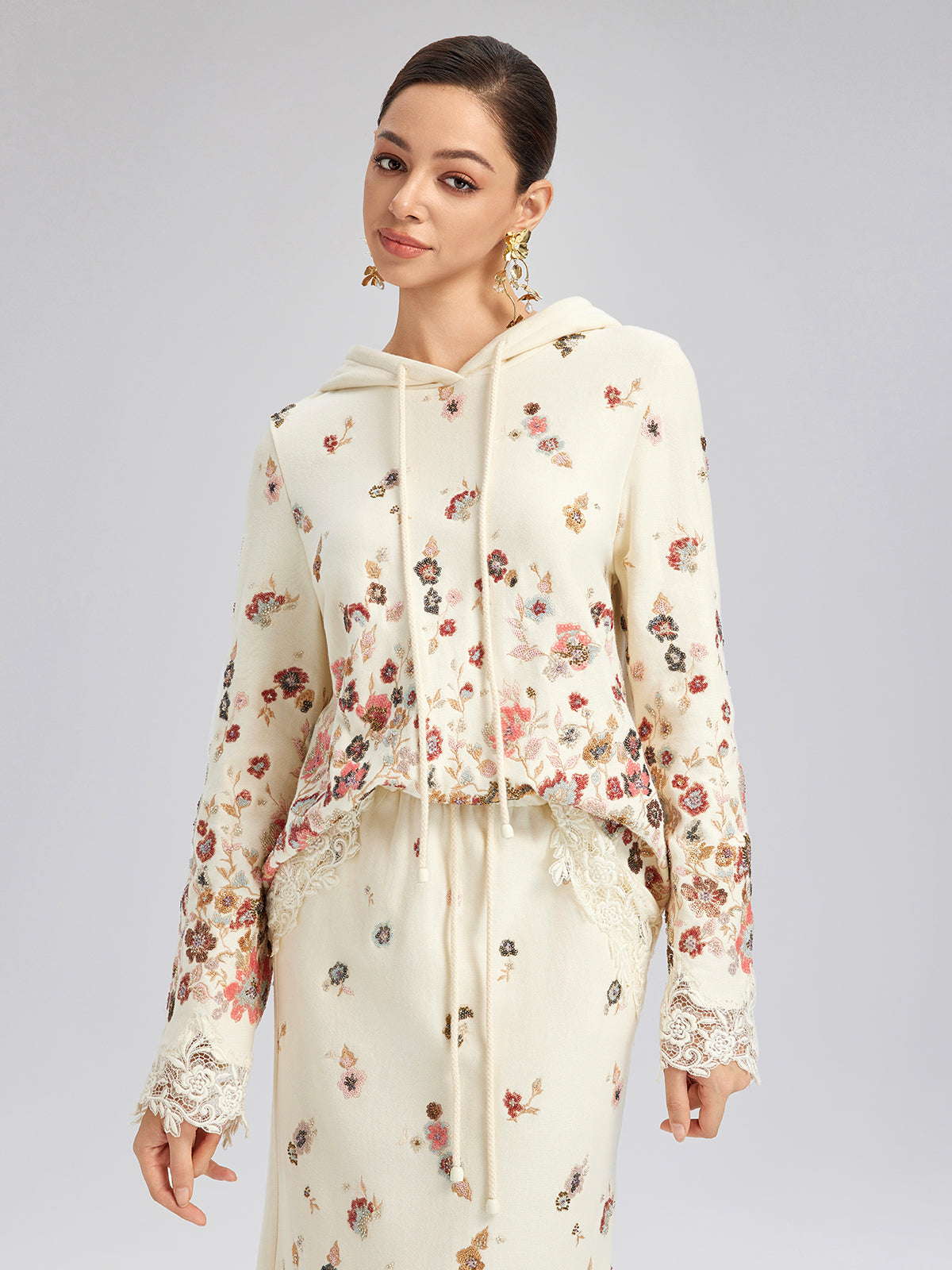Floral Sequin Embroidered Knit Hoodie