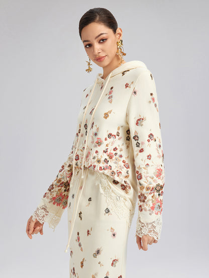 Floral Sequin Embroidered Knit Hoodie
