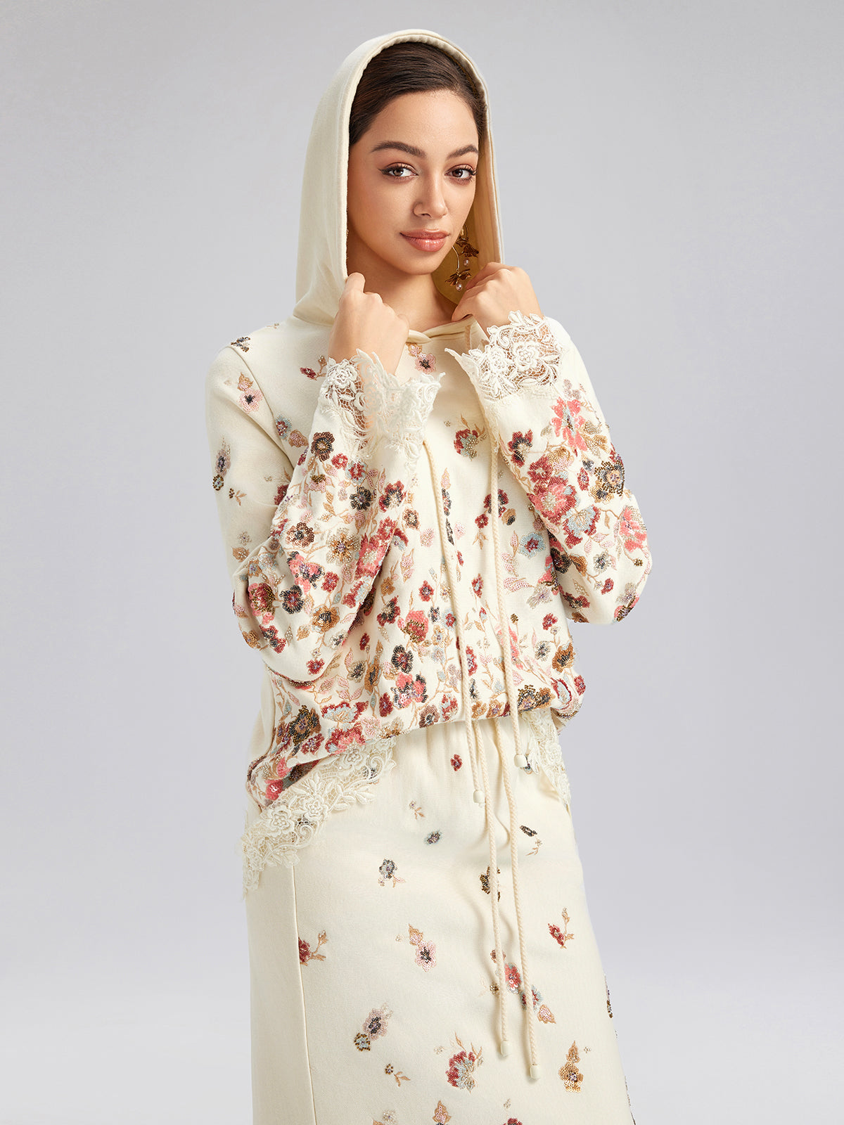 Floral Sequin Embroidered Knit Hoodie