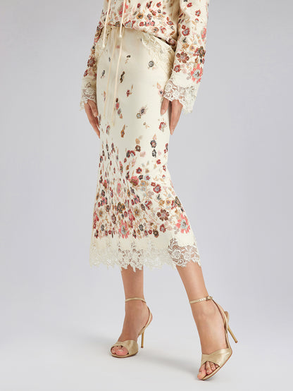 Floral Sequin Embroidered Knit Skirt