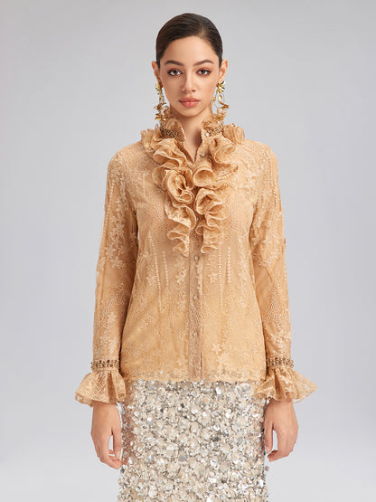 Beaded Lace Ruffled-Collar Blouse