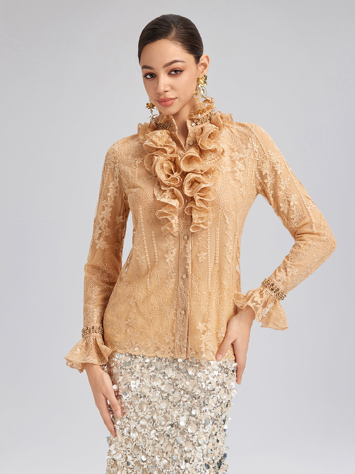 Beaded Lace Ruffled-Collar Blouse