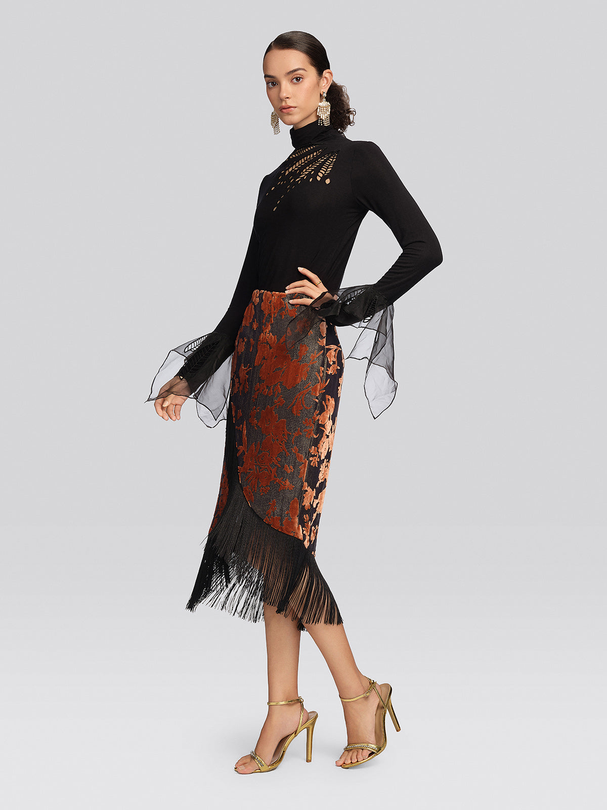 Burnout Velvet Floral Fringe Skirt