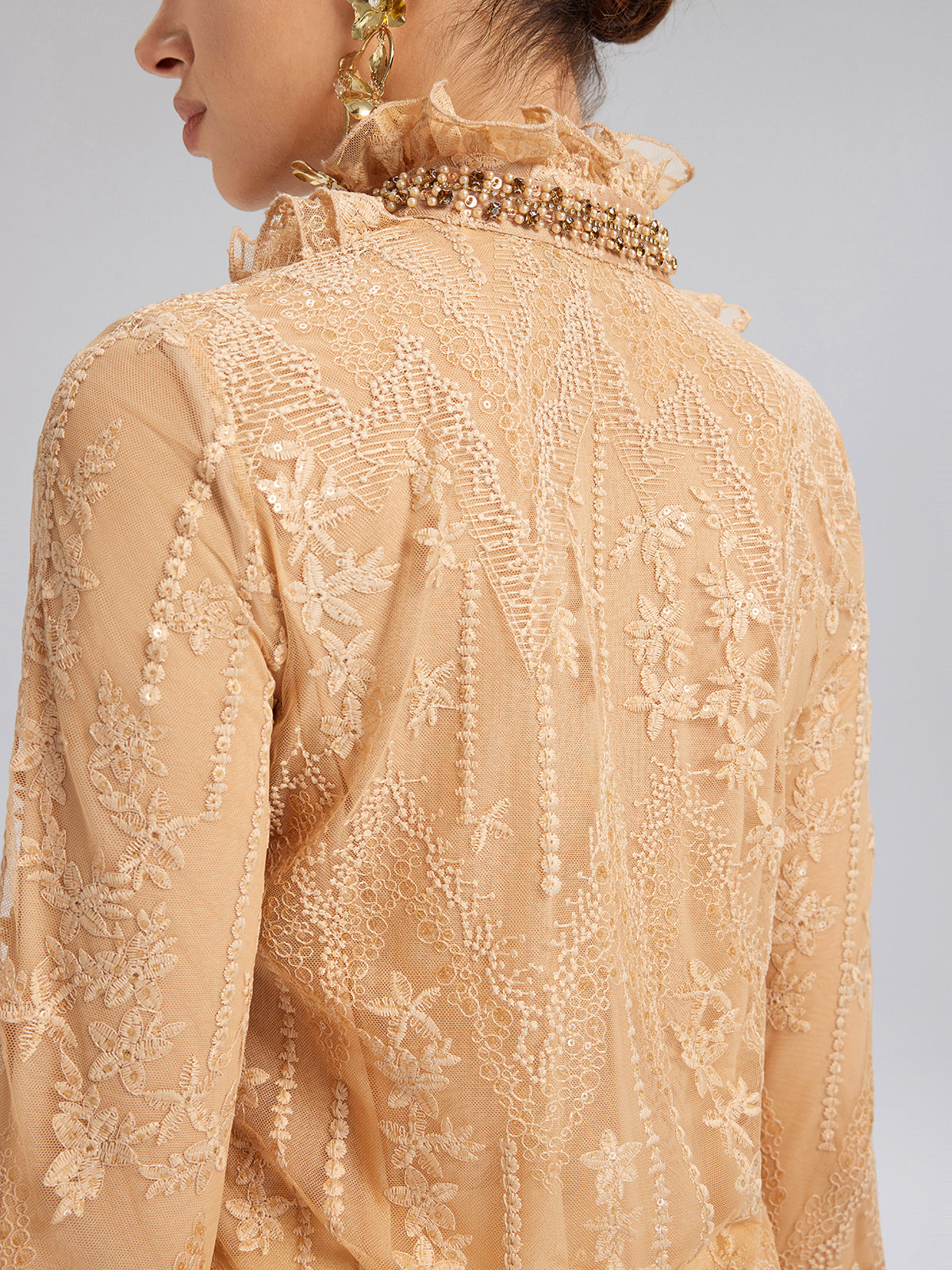 Beaded Lace Ruffled-Collar Blouse