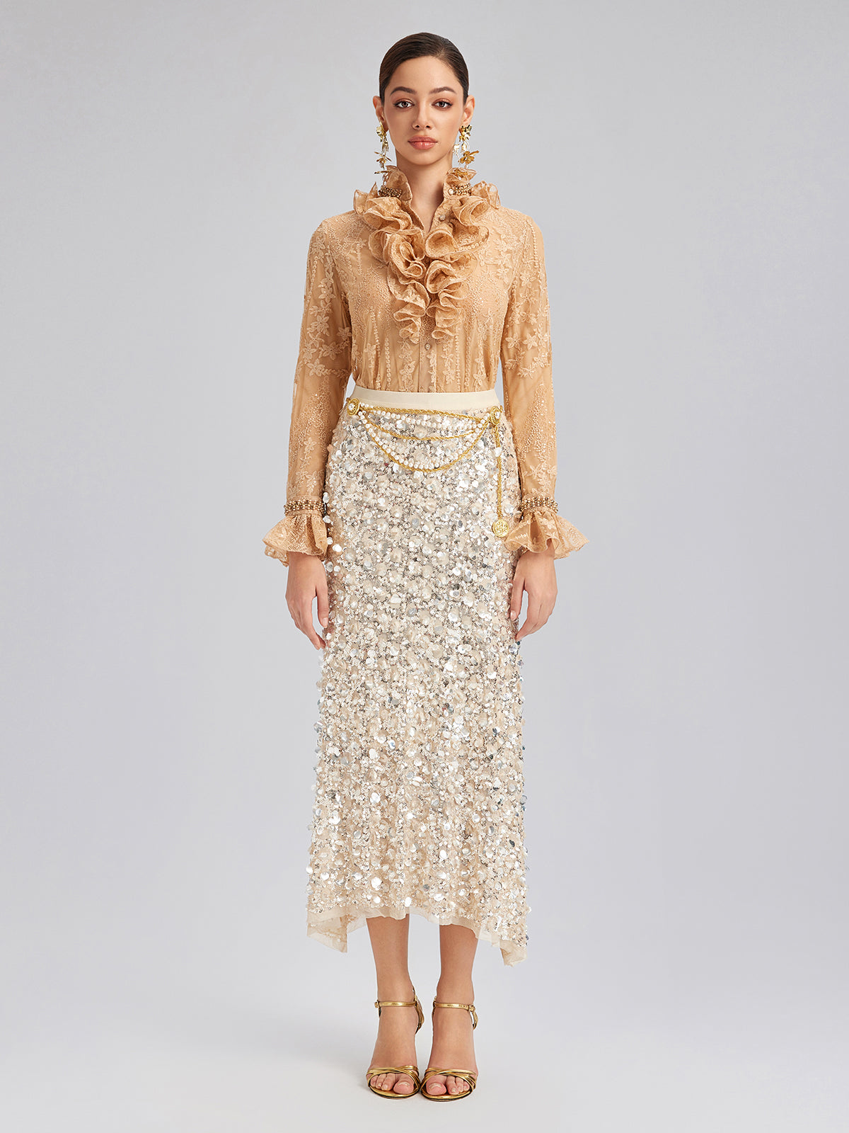 Beaded Lace Ruffled-Collar Blouse