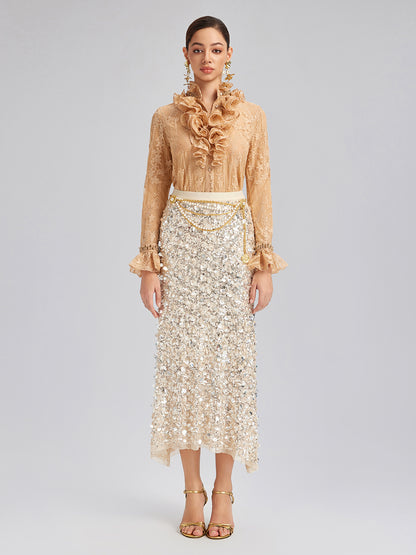 Beaded Lace Ruffled-Collar Blouse