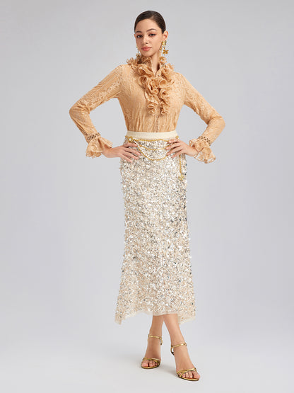 Beaded Lace Ruffled-Collar Blouse