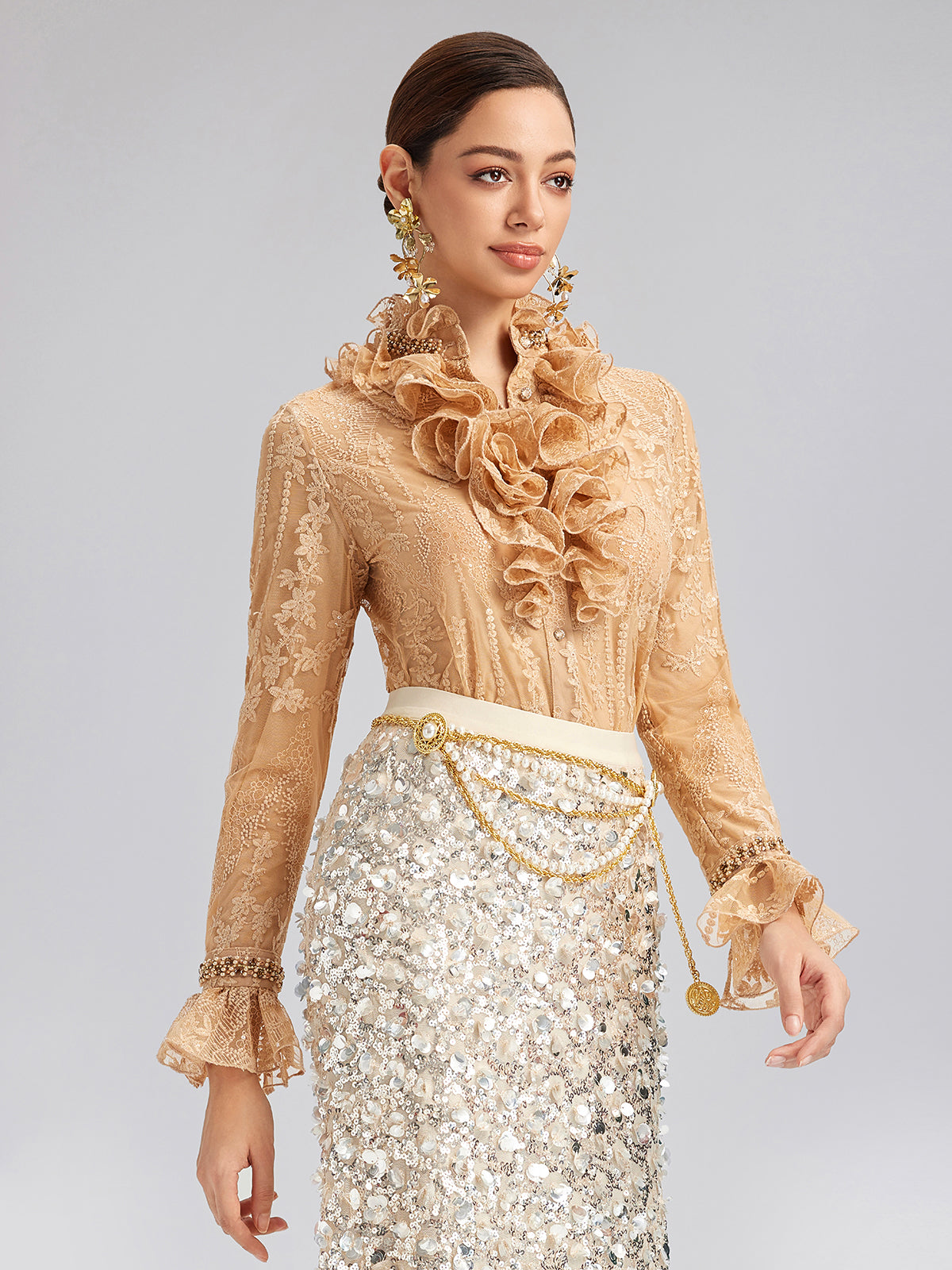 Beaded Lace Ruffled-Collar Blouse