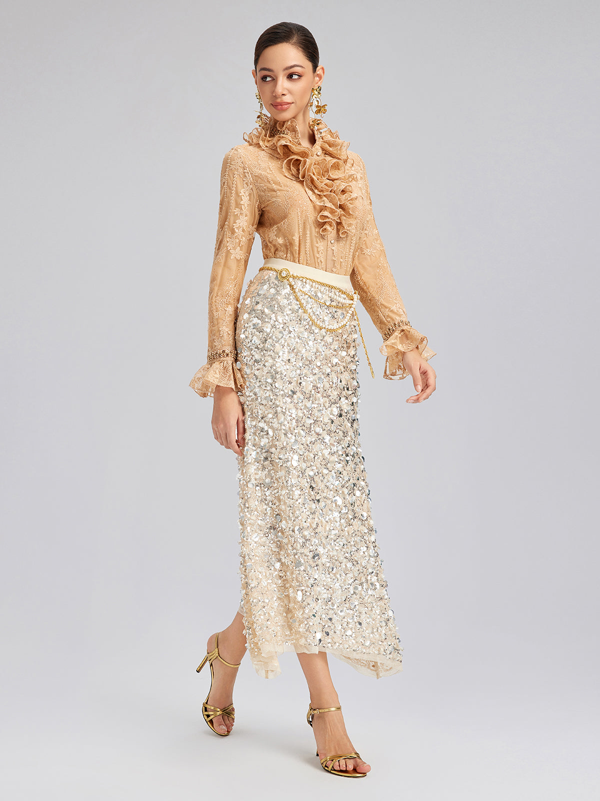 Beaded Lace Ruffled-Collar Blouse