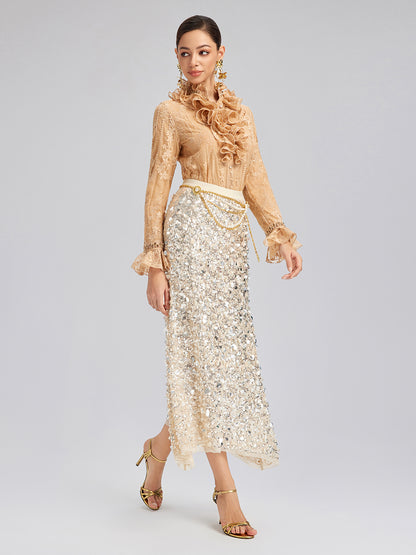 Beaded Lace Ruffled-Collar Blouse