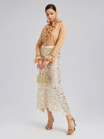 Beaded Lace Ruffled-Collar Blouse