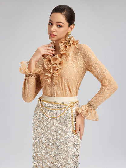 Beaded Lace Ruffled-Collar Blouse