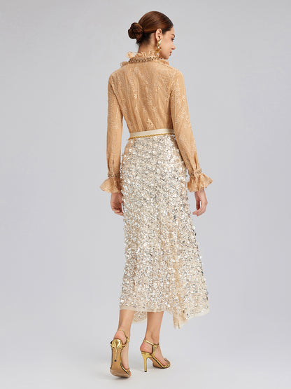 Beaded Lace Ruffled-Collar Blouse