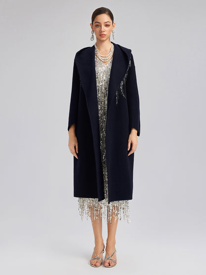 Sequin-Embroidered Double-Faced Wool Hooded Coat
