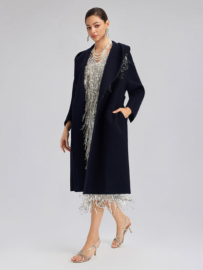 Sequin-Embroidered Double-Faced Wool Hooded Coat